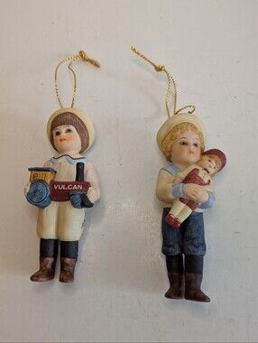 Vintage Children Ornaments Boy with Vulcan Toy Train Holding Doll Tree Decor